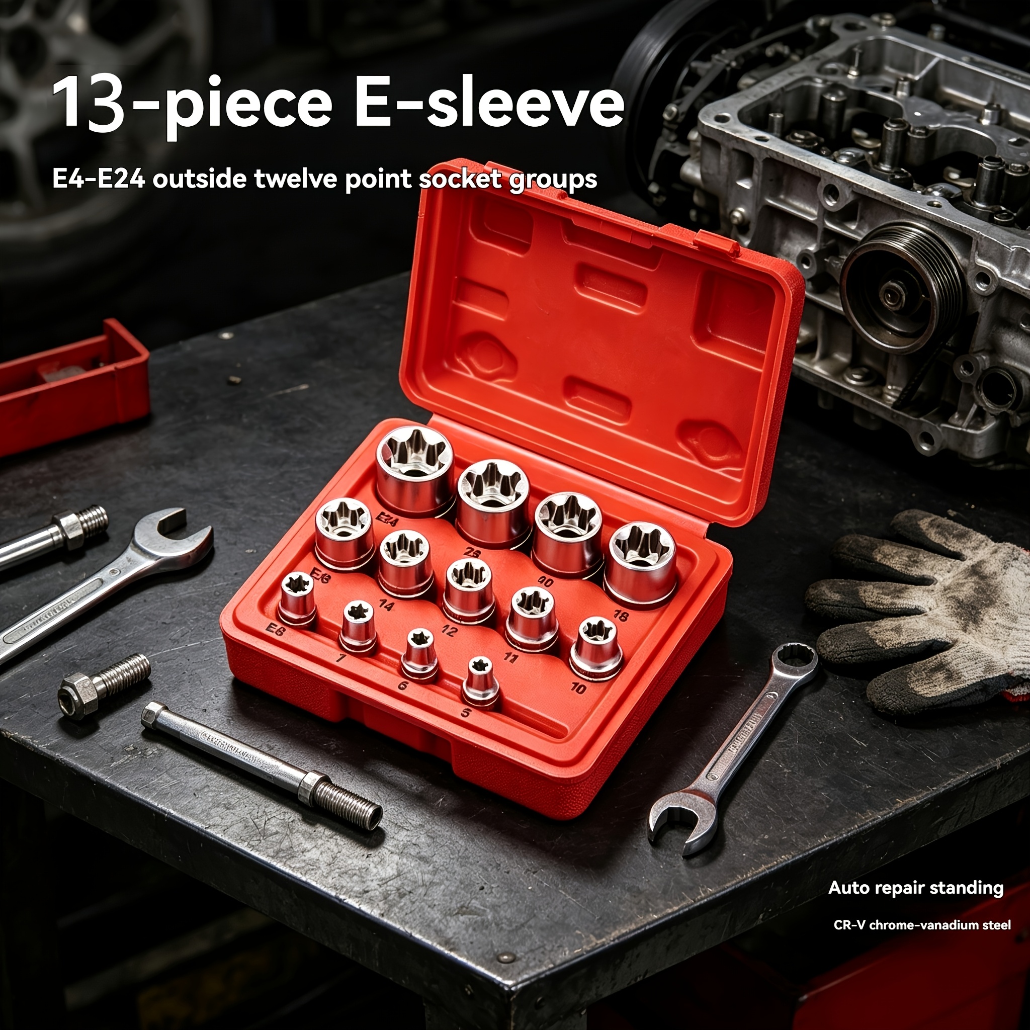 TEMU Jeu de 13 douilles Torx en externe E, kit de clé à douille E, douilles Torx femelles E4-E24 pour réparation automobile