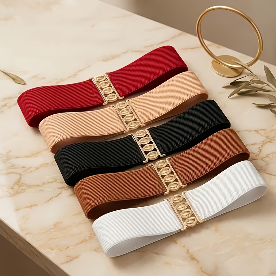 TEMU 5pcs Ceintures élastiques larges et élégantes pour femmes avec boucle dorée, ceintures réglables, tendance et polyvalentes, 5 couleurs pour les