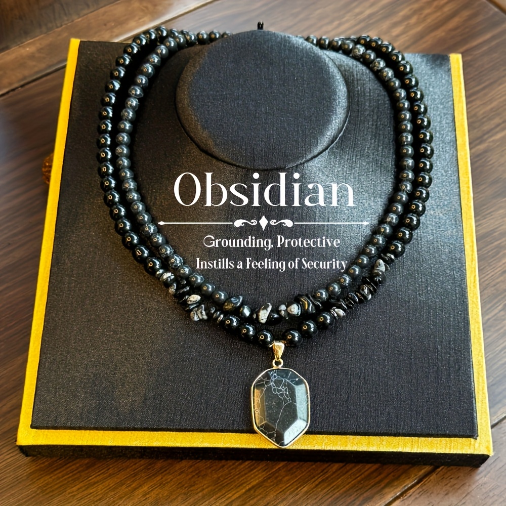 E-shop 2er-Set Erdungsschutz Obsidian Perlenkette, Naturstein Anhänger Doppelschichtige Stapelkette Set, Damenmode Schmuck Geschenk für Familie oder