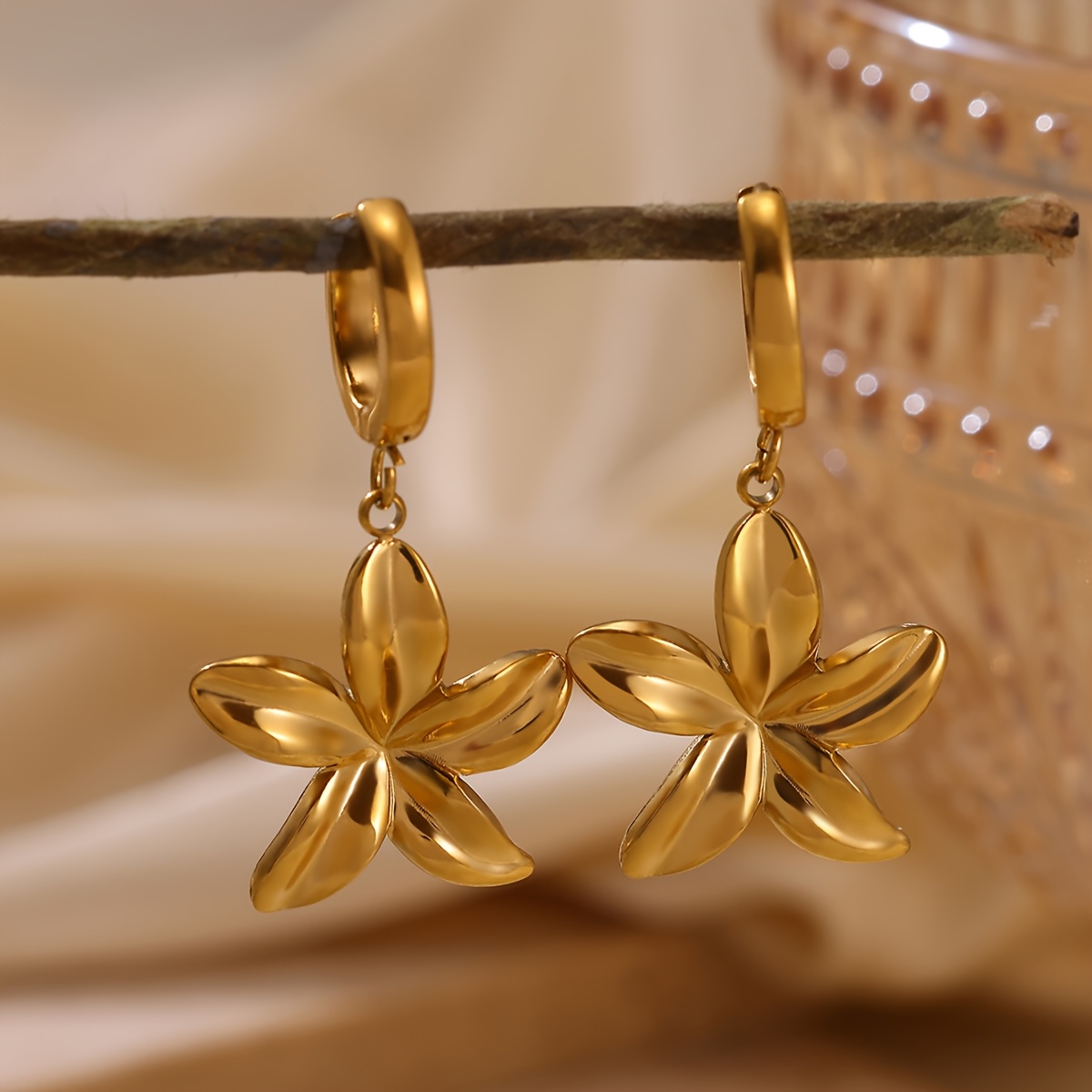 Image of Lily Flower Petal Pendant Hoop Earrings, Women's Hanging Drop Jewelry Accessories, Versatile Stainless Steel Hoop Earrings For Holiday Parties And Weddings