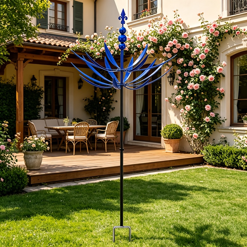 TEMU Outdoor Metal Wind Spinner 2pcs Set: Wind Spinner + Support Pole, Extra Large Wind Spinner, Outdoor Rotating Windmill - Garden Decor , Suitable