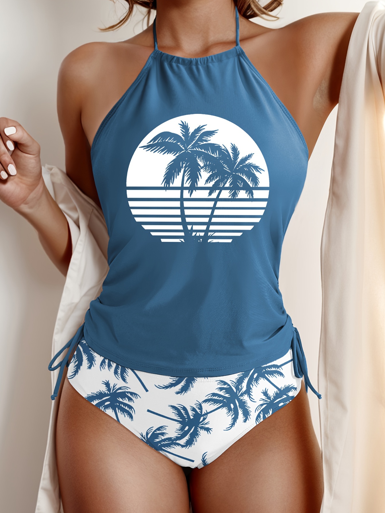 Coconut Tree Set Pattern Drawstring 2pcs Set Swimsuit, Halter Tie Neck Backless Stretchy Low Waist Bathing Suit for Beach Pool, Women'S Swimwear & Clothing