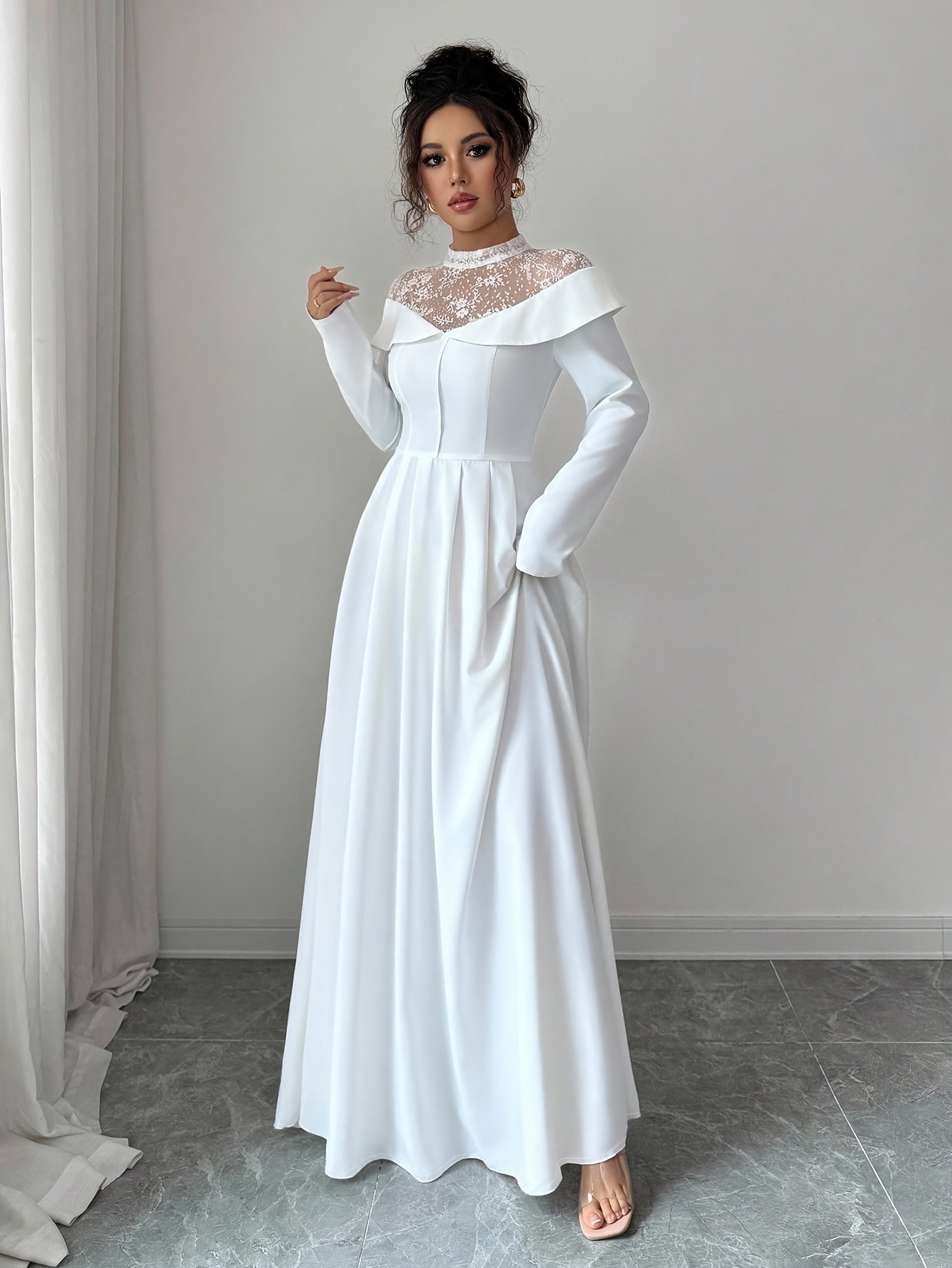 s elegant white a line maxi dress with mesh panel lace like sheer back long sleeve length wedding guest gown round neck formal evening dress machine washable no stretch Product details 13