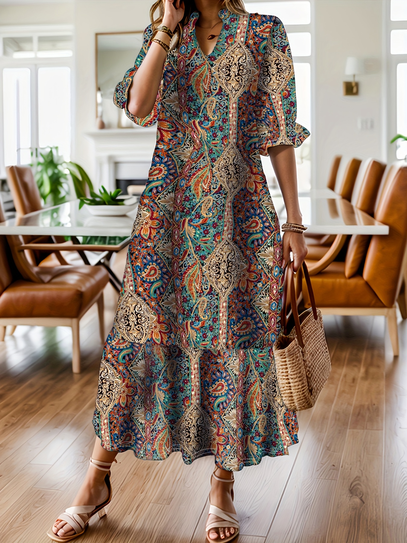 plus size elegant fashion ethnic v neck dress for women 0