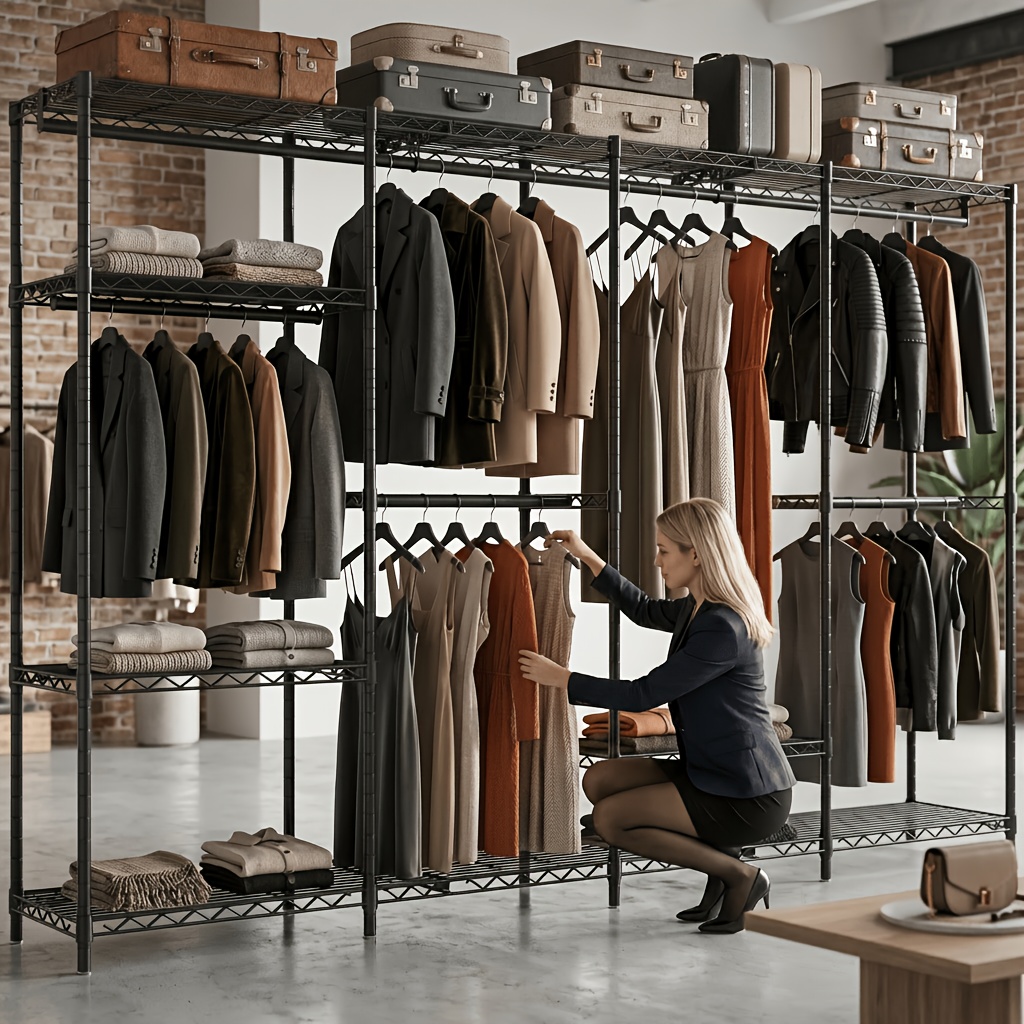TEMU Extra-large 4x4 Carbon Steel Clothing Rack, Black Freestanding Design With Dimensions Of 196×45×196cm, Heavy-duty Load Capacity Of 1150 Lbs For