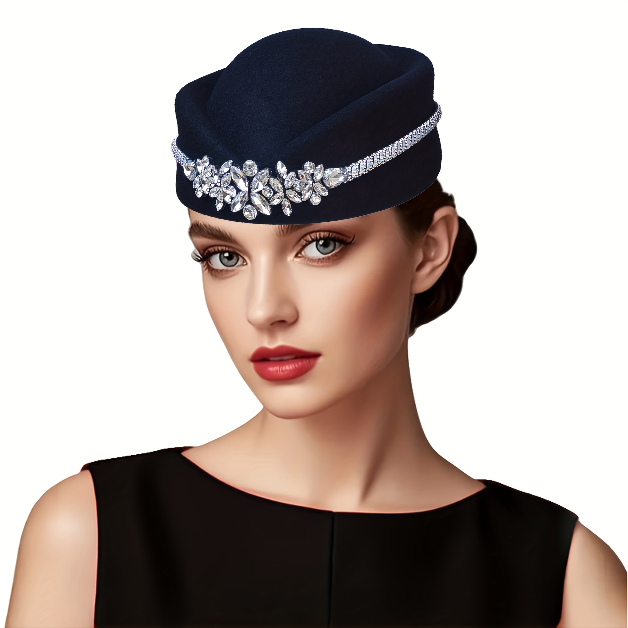 TEMU Elegant Vintage Women's Hat, Church Derby Hat With Rhinestone Chain, Women's Felt Beret With Elastic Drawstring For A , Suitable For Ceremonies,