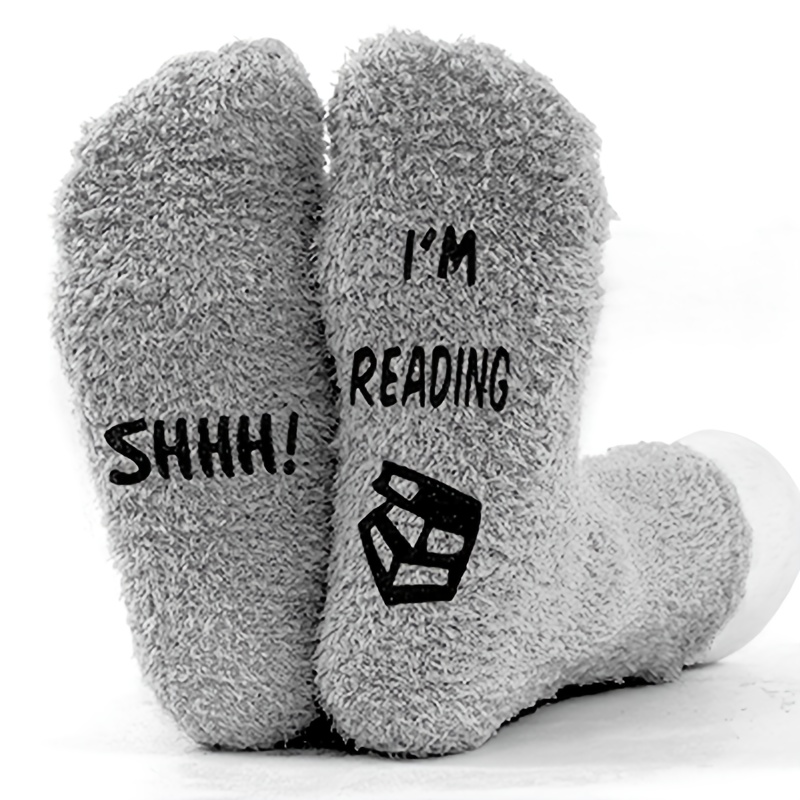 1-pair/4-pair Mid-calf Non-shedding Autumn/winter Style Small Flame Pattern Warm Coral "shh!!! I'm Reading" Thickened Warm Coral Non-slip Silicone Grip Socks - Comfortable Indoor Home Slipper Socks