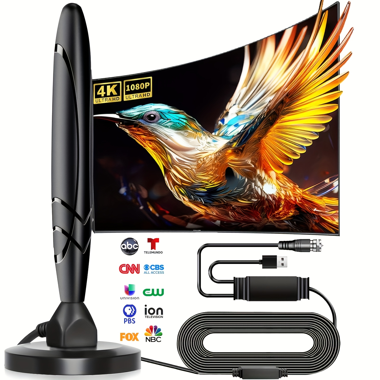 TEMU Antenne TV d'intérieur 1 pièce mise à an-2025 avec amplificateur de signal et câble coaxial, portée de 18 pieds, convient pour téléviseur
