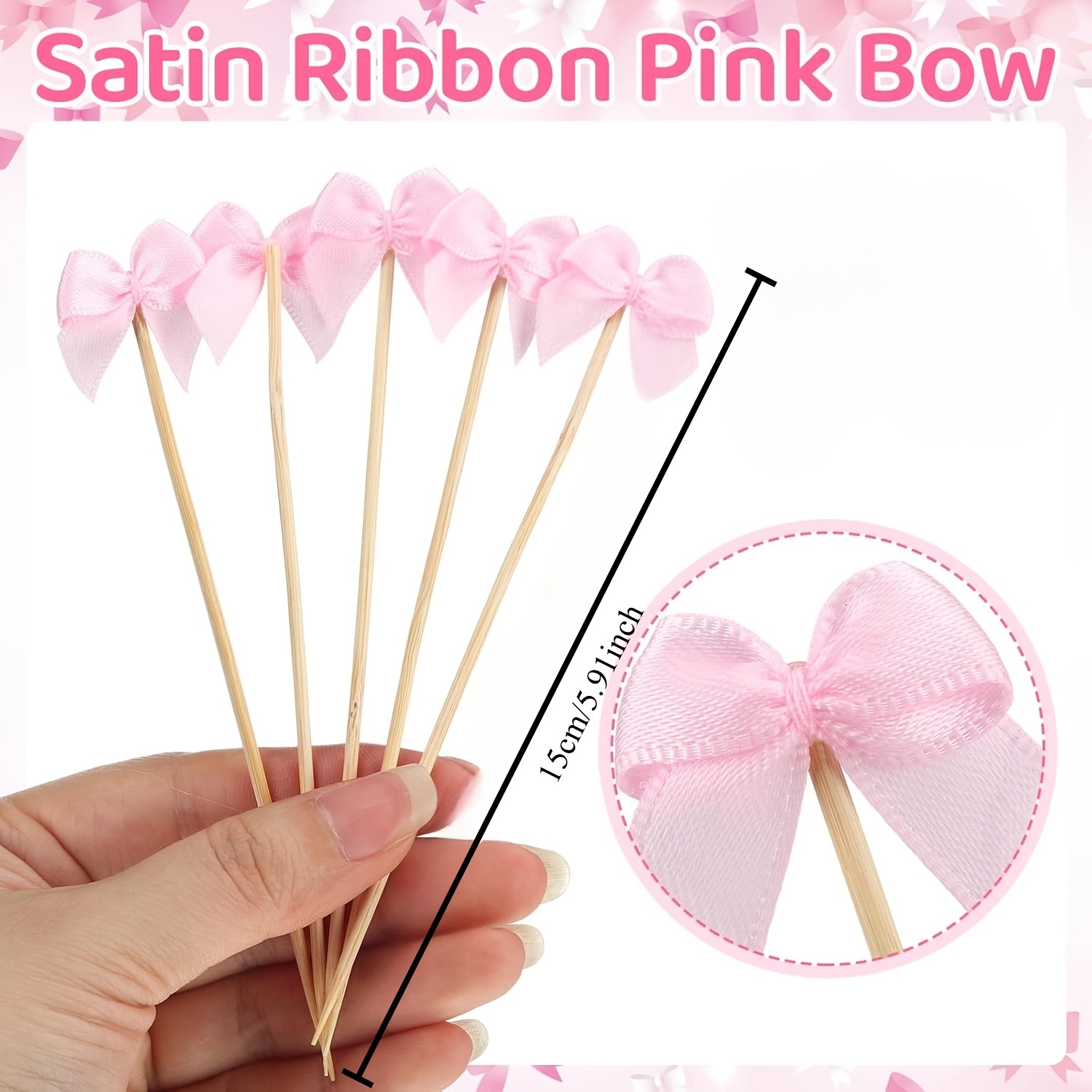 Image of 28/48pcs Pink Bow Picks, With Ribbon Bows, Suitable For Gift Occasions, Birthdays, Weddings, Bridal Showers, -themed Parties, Party Decorations, Valentine's Day, Pink Christmas, Party Supplies