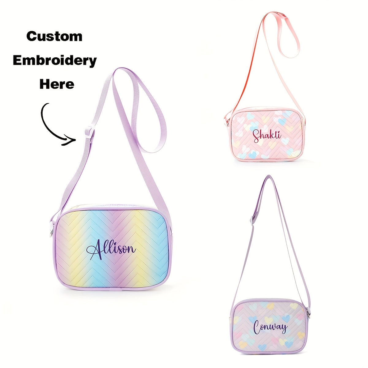 

1pc Custom Embroidered Heart Print Crossbody Bag - Personalize , Waterproof Pu, Adjustable Strap, Zip Closure - Ideal For , School, Travel & Gifts, Heart Shaped Purse