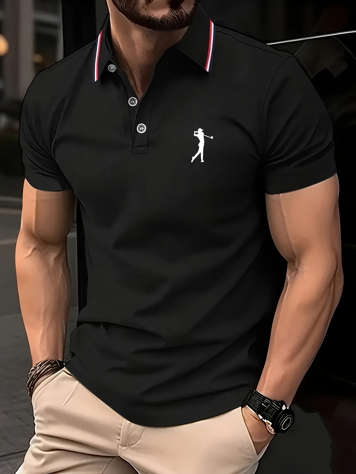 Men's Short Sleeve Shirt - White with Red Golf Print, Striped Collar & Cuffs, Breathable Summer Golf & Casual Wear, Machine Washable Regular Fit, Durable Fabric