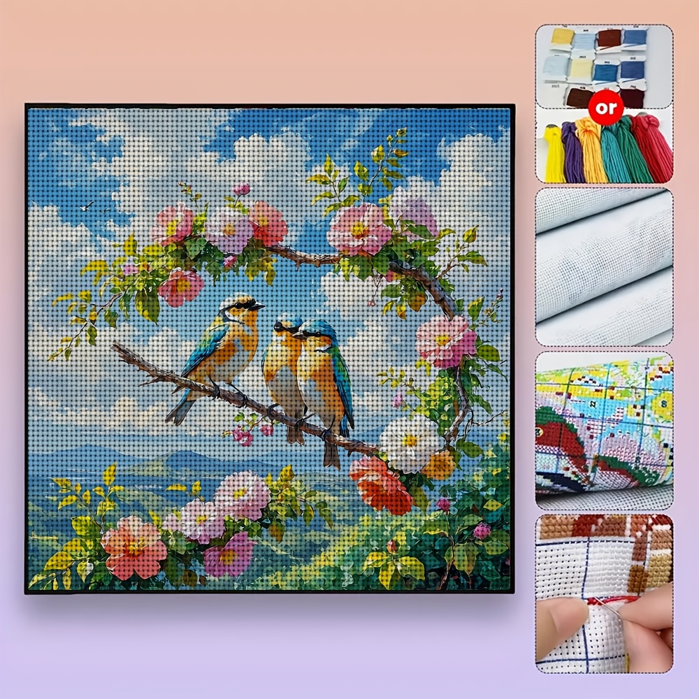 Three Birds Perched on a Flowering Branch Cross-Stitch Kit, Frameless