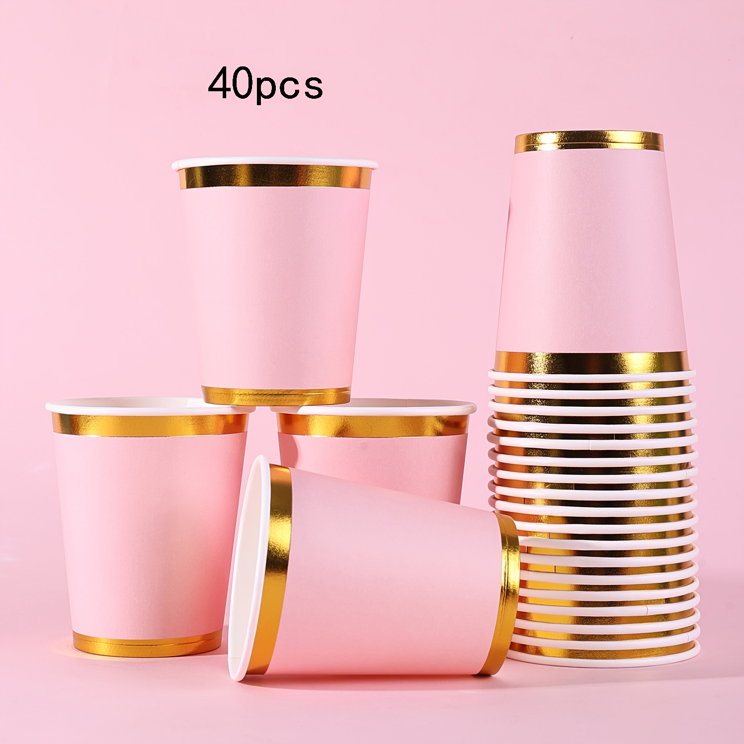 Image of 40pcs/60pcs Pink Disposable Paper Cups With Shiny – 9oz Pink With Edge Paper Cups, Ideal For Birthday Parties, Wedding Receptions & Stylish Celebration Tableware Supplies For Halloween、christmas