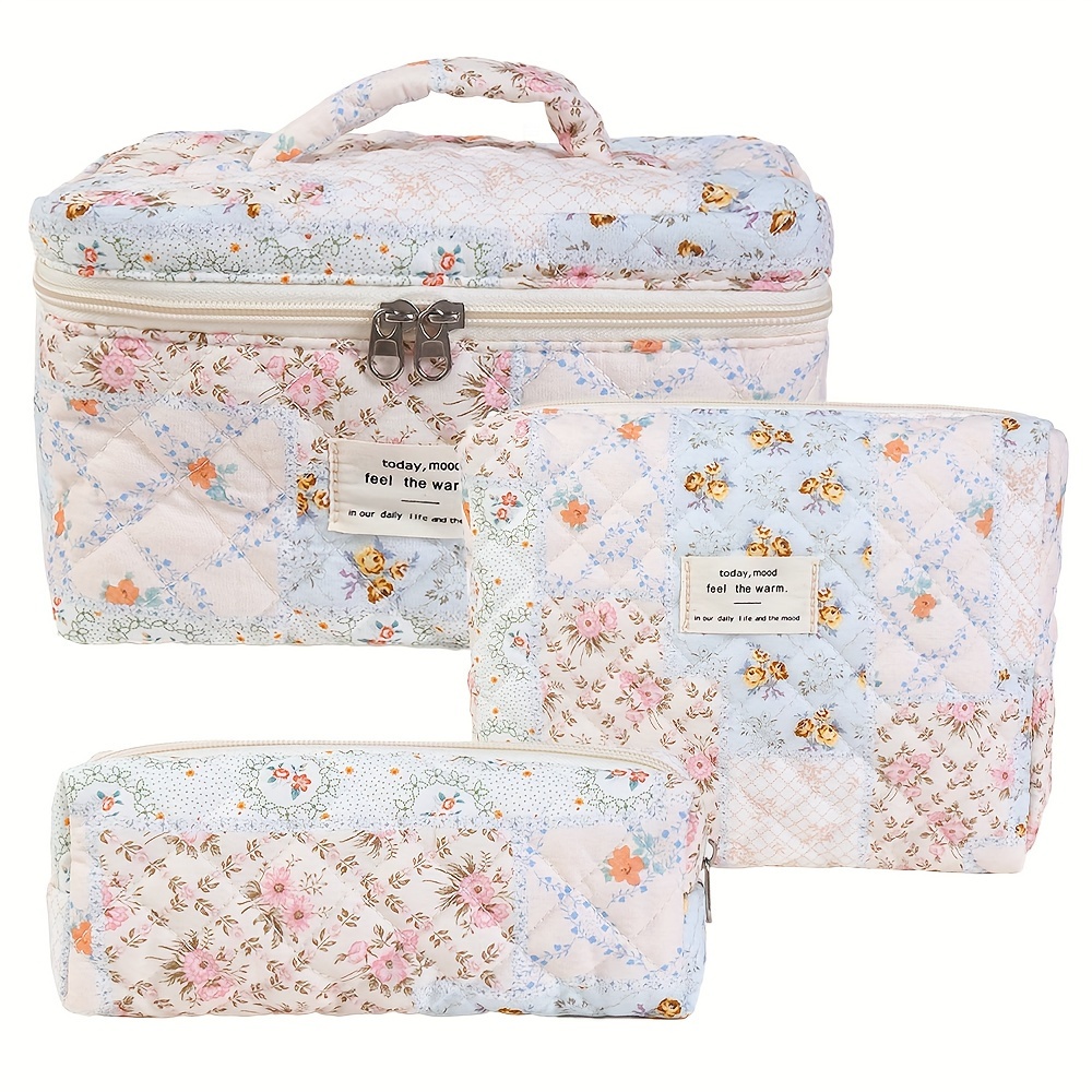 

3-piece Floral Makeup Bag Set, Portable Cosmetic Pouch, Vanity Toiletry Organizer For Travel Storage, Chic Gift For Women