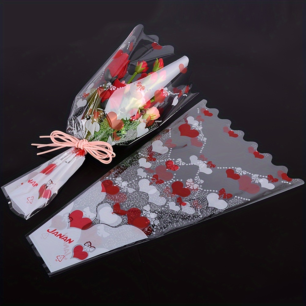 

95pcs Heart Print Bags - Transparent Plastic Flower Wrapping Sleeves With Stylish Heart & Designs, Gift Packaging In , , White, Purple, Or Red, Bouquet Accessories