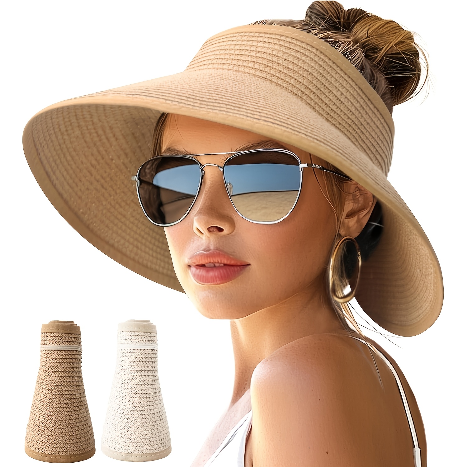faltbarer sonnenhut mit offenem oberteil, damen-sommerhut mit   krempe, sonnenhut in stroh-optik.   für strandurlaub outdoor-aktivitäten. farbe des bindebands ist zufällig