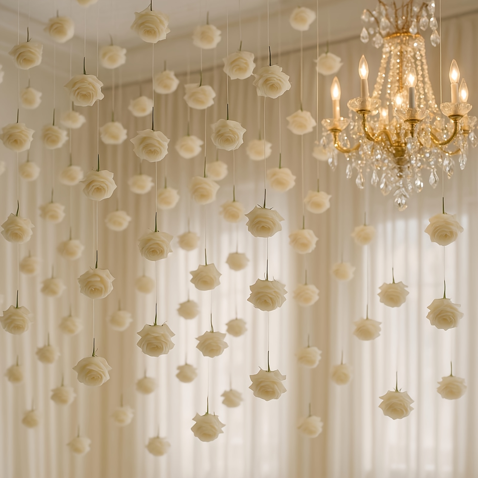 Image of 40pcs Artificial Roses Hanging Flower Decorations, With 1 Roll Of Clear String, Floating Wreath, Ceiling Hanging Rose Strands, Suitable For Wedding Birthday Floral Party Decorations