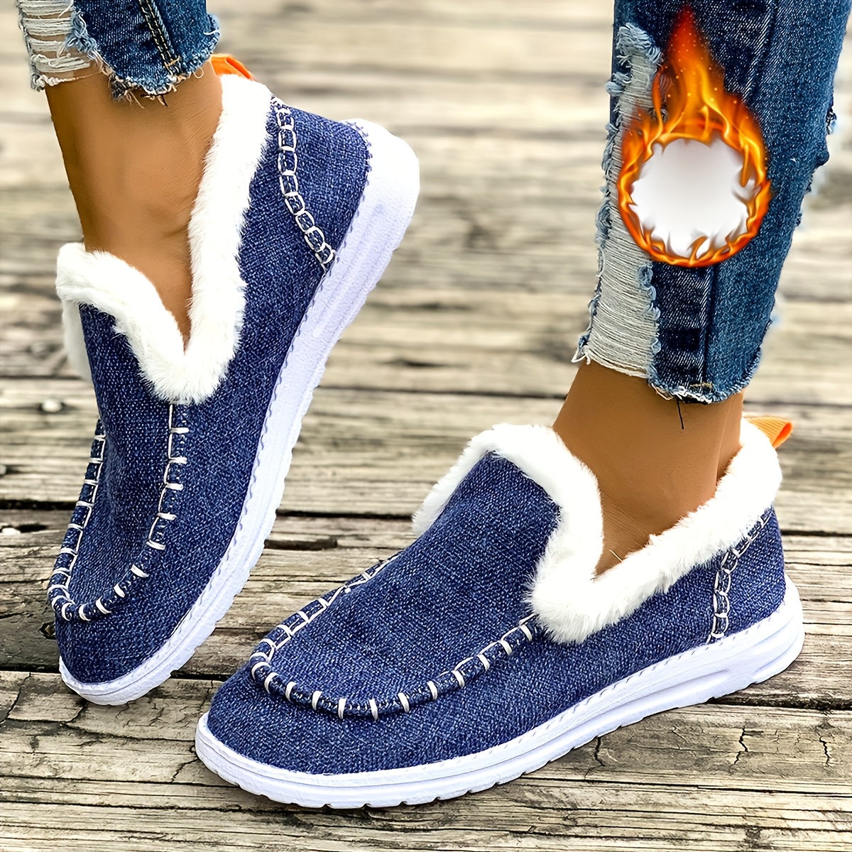 

Women's Winter Plush-lined Casual Slip-on Shoes, Cozy Warm Denim With White Furry Trim And Decorative Stitching, Comfortable Eva Sole - Low , Winter Casual Footwear | Plushlined | Snug Fit