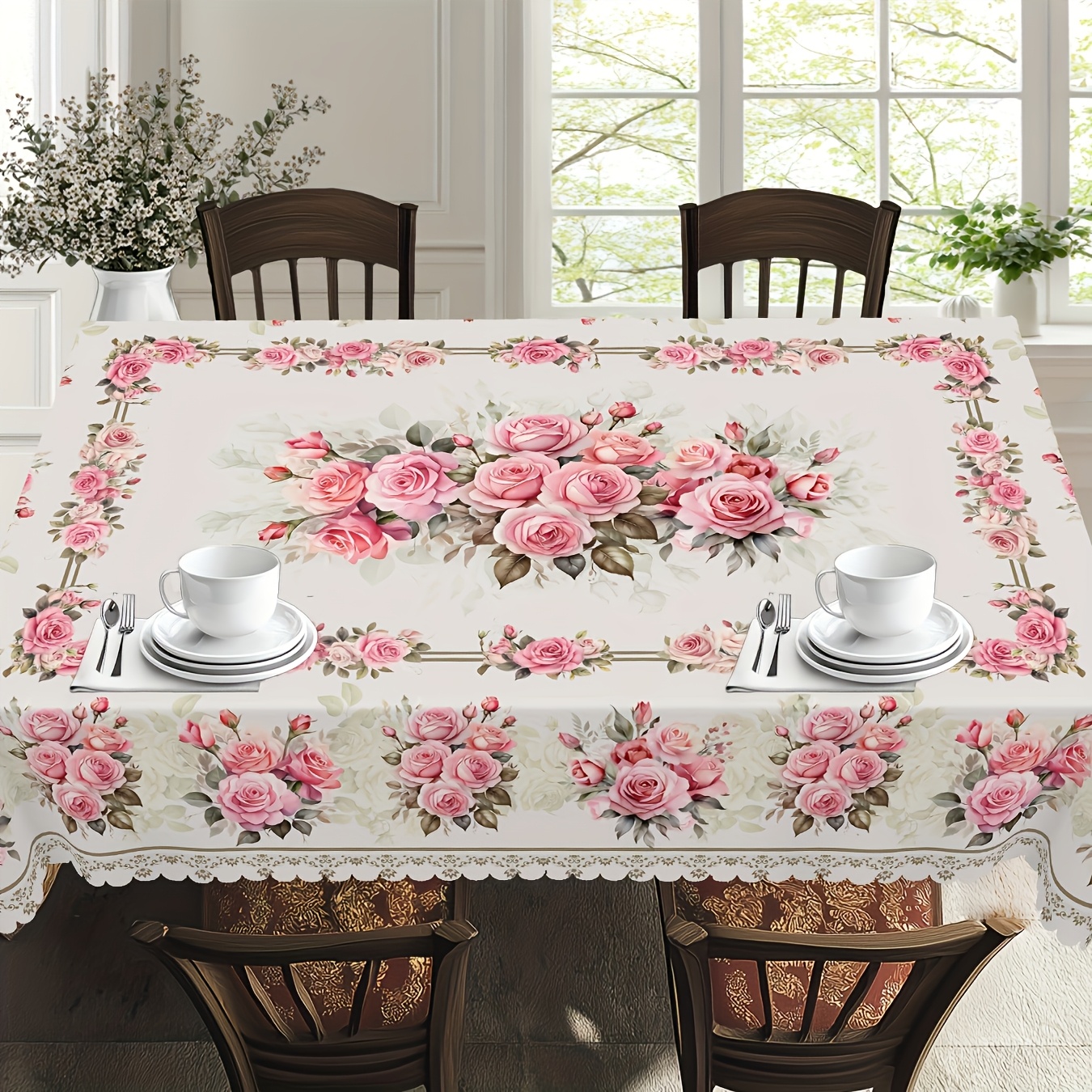TEMU 1pc Vintage Floral Polyester Tablecloth - Pink Rose And Lace Design, Machine-made, Suitable For Mother's Day, Weddings, Spring And Summer Dining