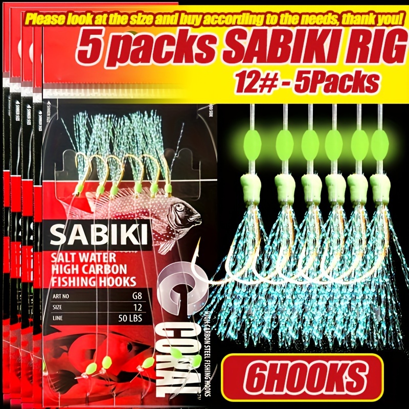 TEMU 5개 팩의 사비키 릭 (미끼 및 루어 포함), 물고기 낚시 비즈와 담수 및 해수 낚시 모두에 적합한 고탄소 바늘 특징