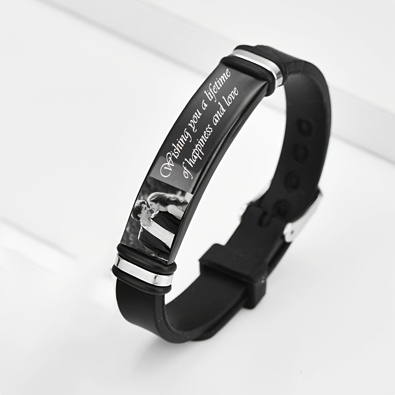 TEMU Custom Photo Text Bracelet Minimalist Stainless Steel Nameplate Design, Laser Engraved Pictures And Text Unisex Casual Everyday Additions,
