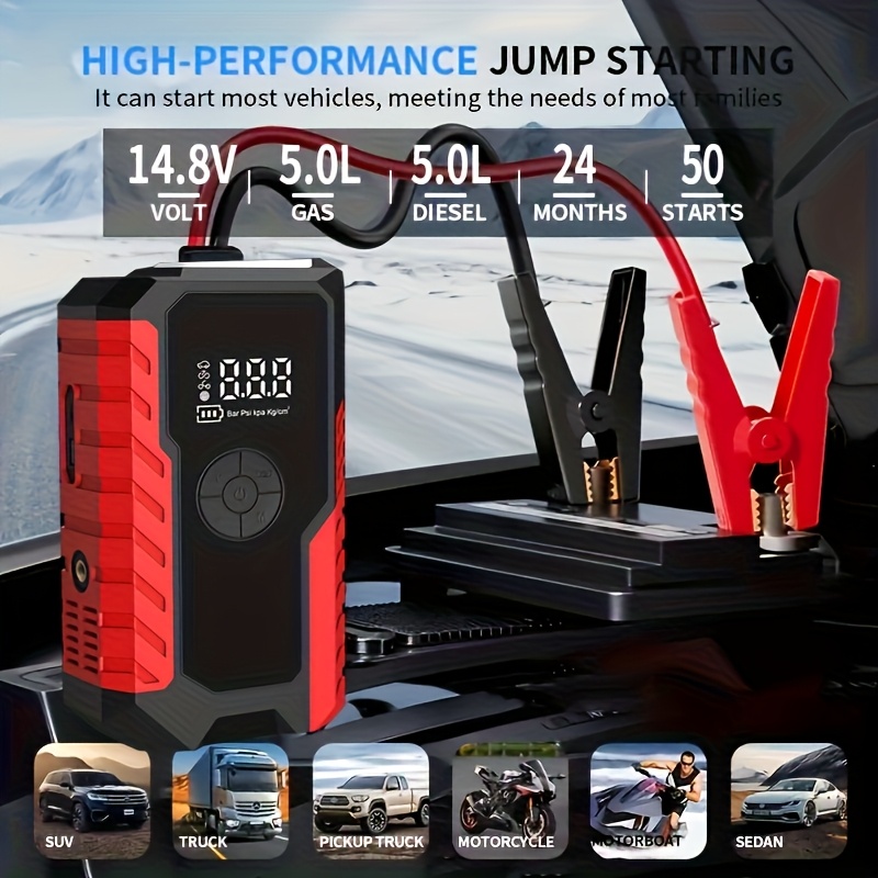 5000a portable wireless car jump starter with air compressor 20000mah lithium polymer battery fast charging usb c power bank 12a output led flashlight for 12v cars trucks suvs motorcycles emergency light inflator pump in one compatible with 8 0  1 72 diesel engines   off grid use compact portable design Product details 5