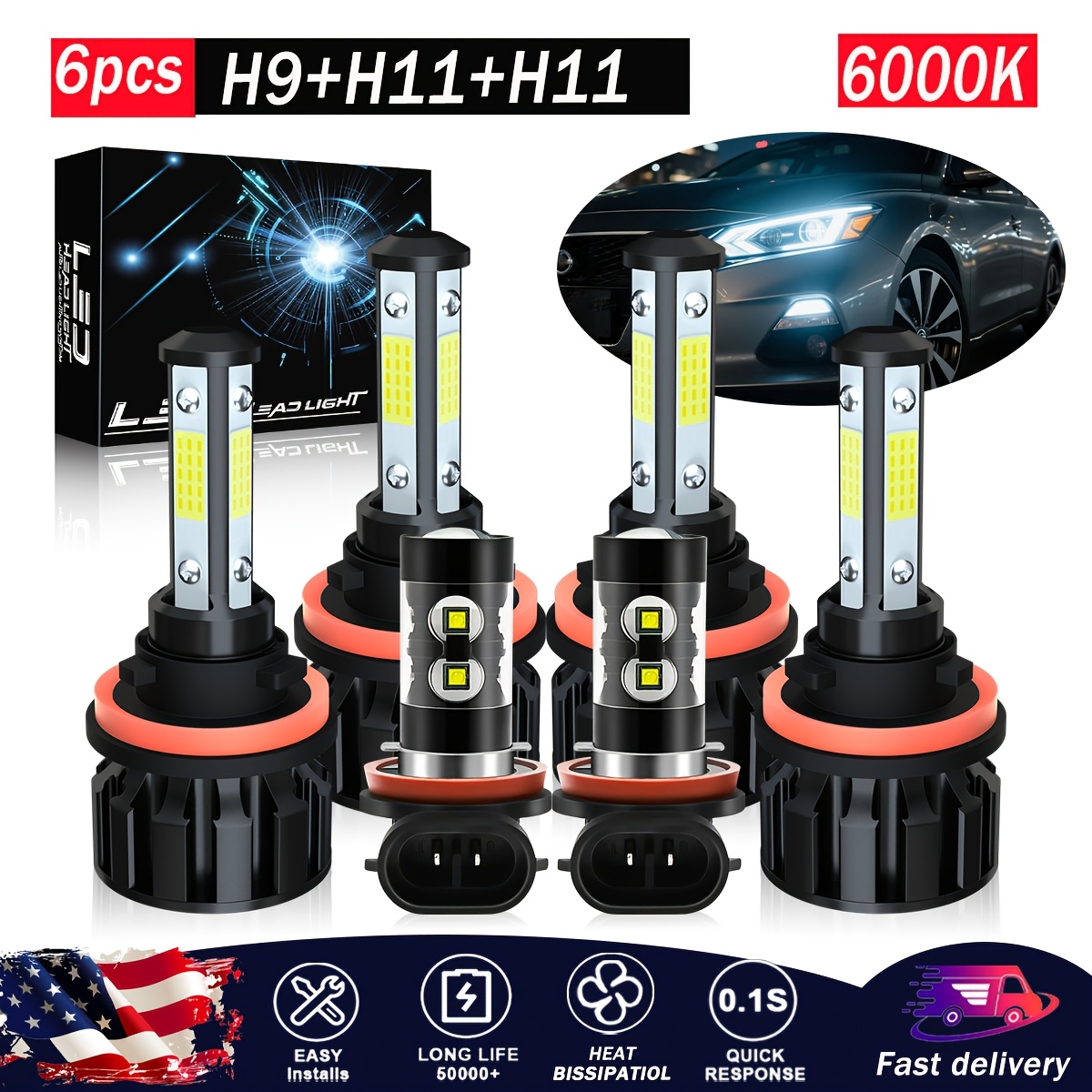TEMU 6pcs H9 H11 H8/h16 Led Headlight Bulbs Kit, H11/h9 High Beam+h11 Low Beam+h11/h8 Fog Lamp Bulbs Combo, 6000k White, 100000lm, Led Bulbs