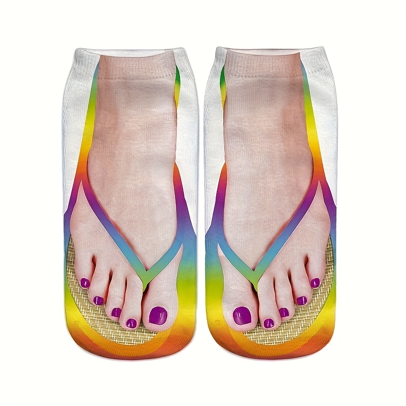TEMU 1 Par de Calcetines Tipo Chanclas con Estampado Divertido 3D para Uñas de Mujer, Calcetines Tobilleros Personalizados y Cómodos de Calidad
