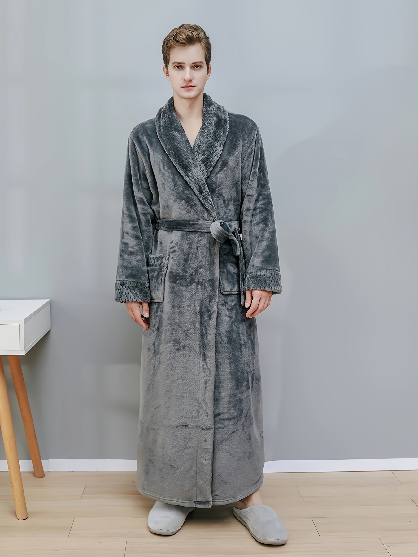 1pc Bathrobe Women or Men Plus Size for Winter & Spring & Autumn, No Hooded, Grey, Long, Flip Collar, Plush Robe for Bathroom, Bedroom, Thicken Flannel Towel for Shower, Sleepwear Gown, Can As Couple Home Clothes Robes