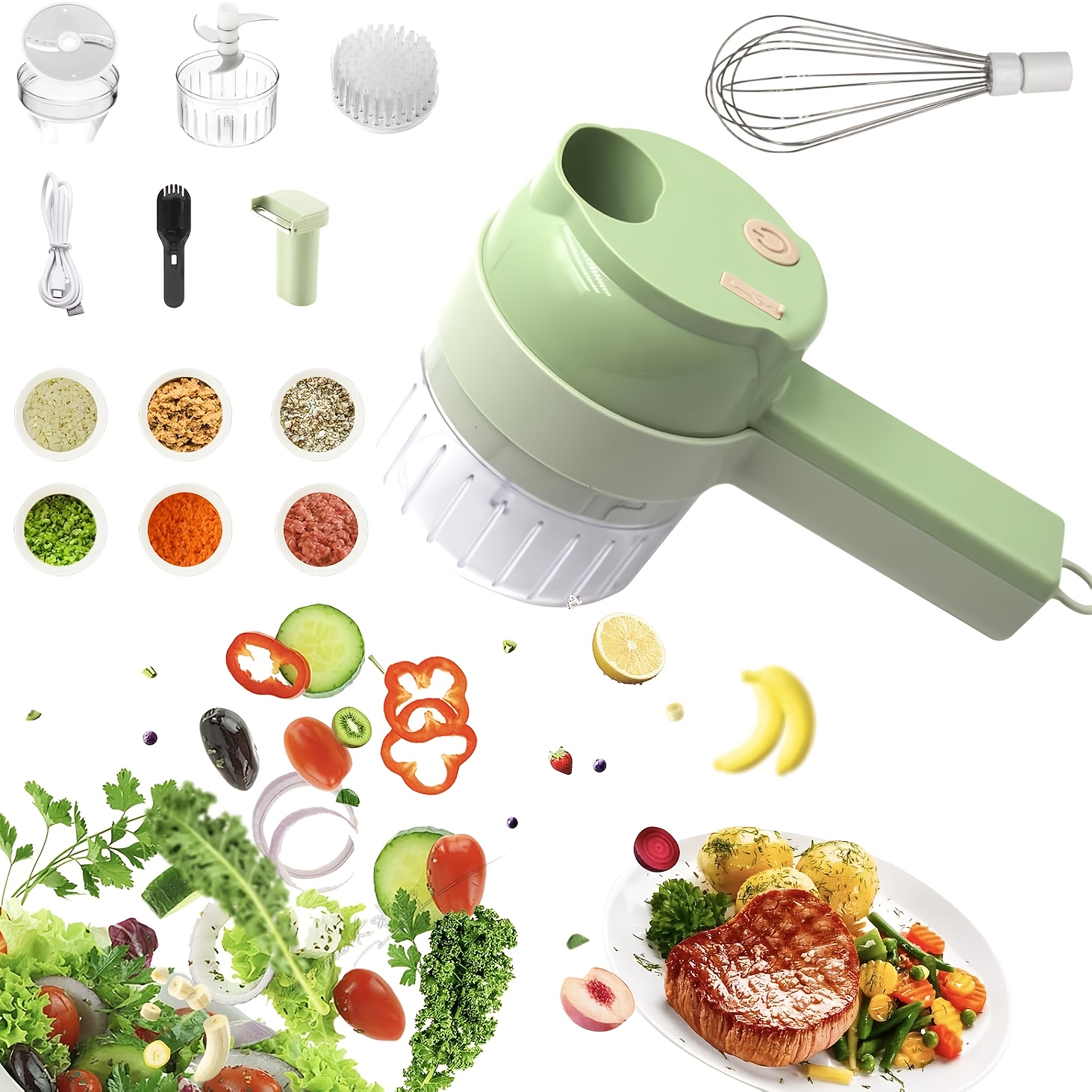multi-functional portable wireless vegetable processor electric   vegetable cutter set, easy to charge, for garlic, chili, celery, meat, with cleaning brush, with egg and cream whisk. Product details 0