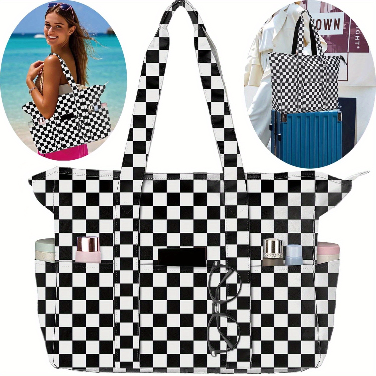 TEMU Travel Beach Bag For Women Beach Tote Bag With Zipper Large Pool Bag Gym Bag, Daily Tote Bag, Birthdays, Christmas, Halloween Gift (black And White)