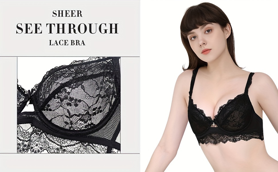 Contrast Lace Unlined Bra, Lightweight & Breathable See Through Bra,  Women's Lingerie & Underwear