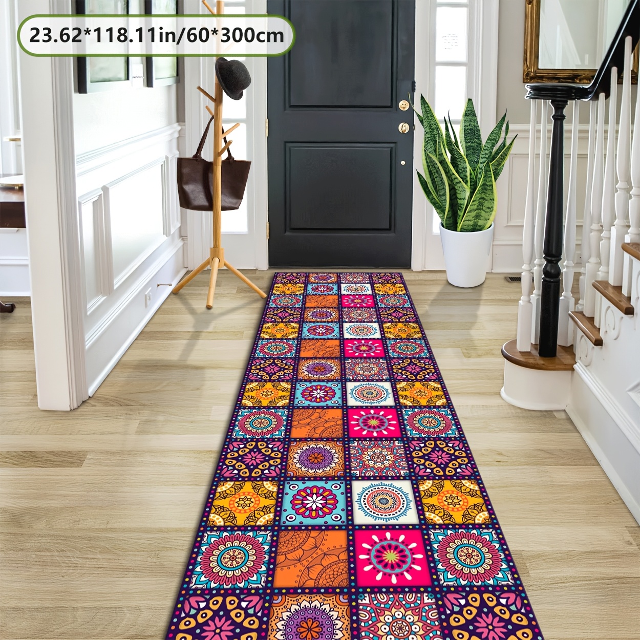 TEMU Tapis Rectangulaire Vintage Ethnique Motif Géométrique | Lavable en Machine, Polyester, Multi-Scènes Adapté Pour Salon, Couloir, Cuisine,