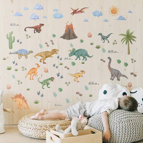 11 dinosaur wall decals large cactus and palm leaf stickers for bedroom living room playroom reusable pvc art gift tropical cartoon theme home decor