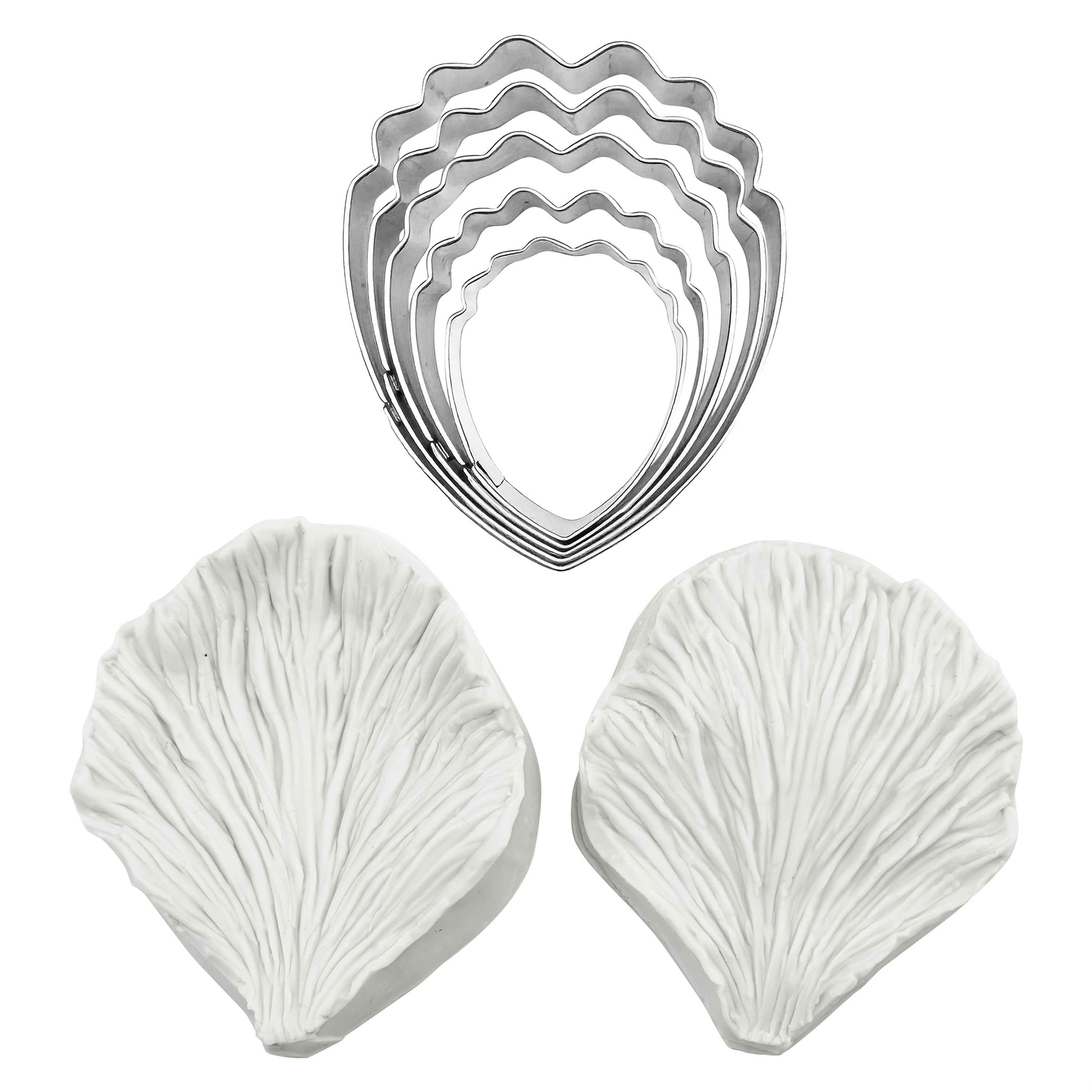 E-shop 5-teiliges Edelstahl-Pfingstrosen-/Rosen-Schneideset + 2 Fondant-Silikonformen = 7-teiliges Set. 2 Formoptionen: