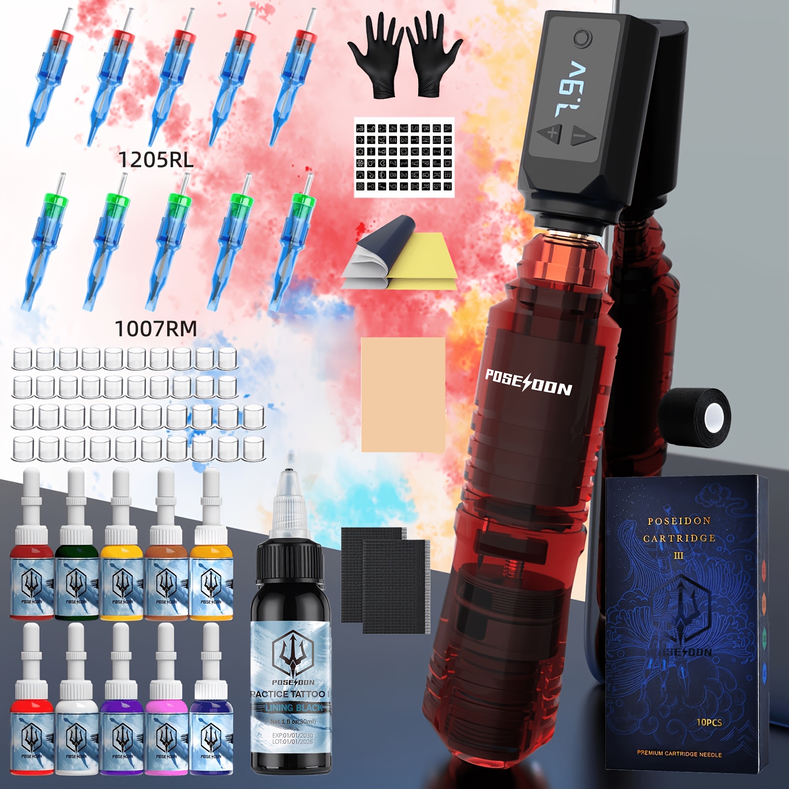 Image of Poseidon Wireless Tattoo Pen Set, Including A Tattoo Gun, Power Supply, And 10 Tattoo Cartridge Needles, Practice Tattoo Practice Ink For Fake Artificial Skin, A Kit For Tattoo.
