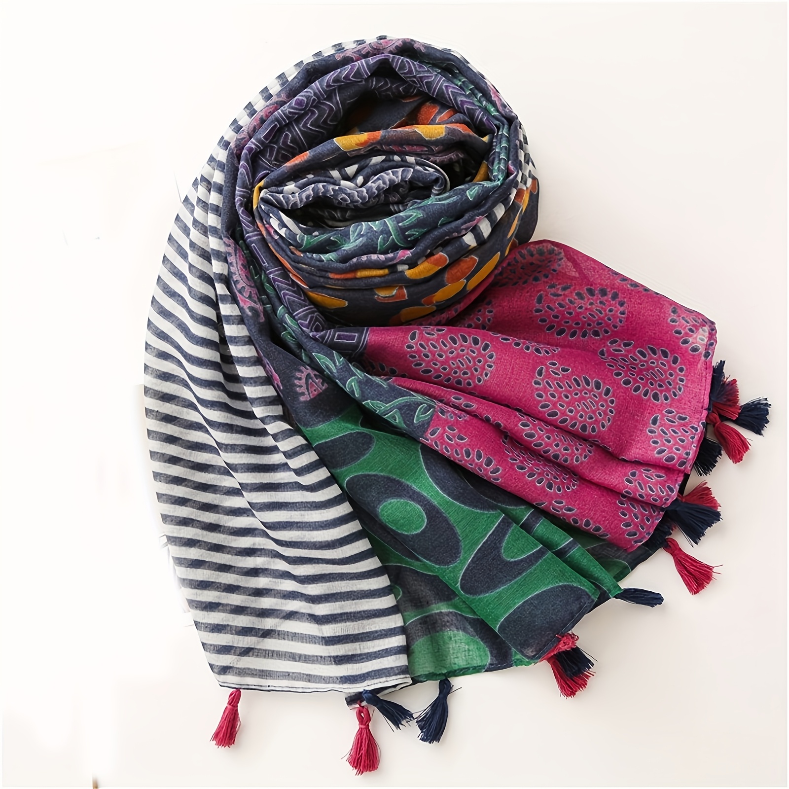 Image of 1pc 180 X 90cm Rectangular Scarf, Women's Thin Scarf, Trendy Printed Beach Scarf, Fashionable Bandana, Outdoor Soft Scarf, Warm Tassel Shawl