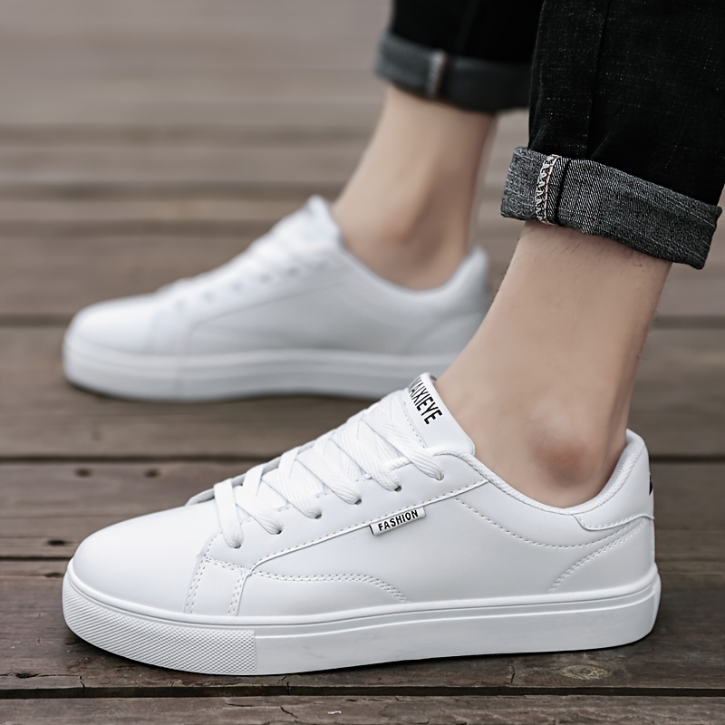 White Round Toe Low Top Lace Up Sneakers - Breathable Fabric Lining, Non-Slip Rubber Sole, Comfy for Outdoor Casual Activities, Walking, Jogging, Traveling - Spring\\u002FFall Season Essential for Men