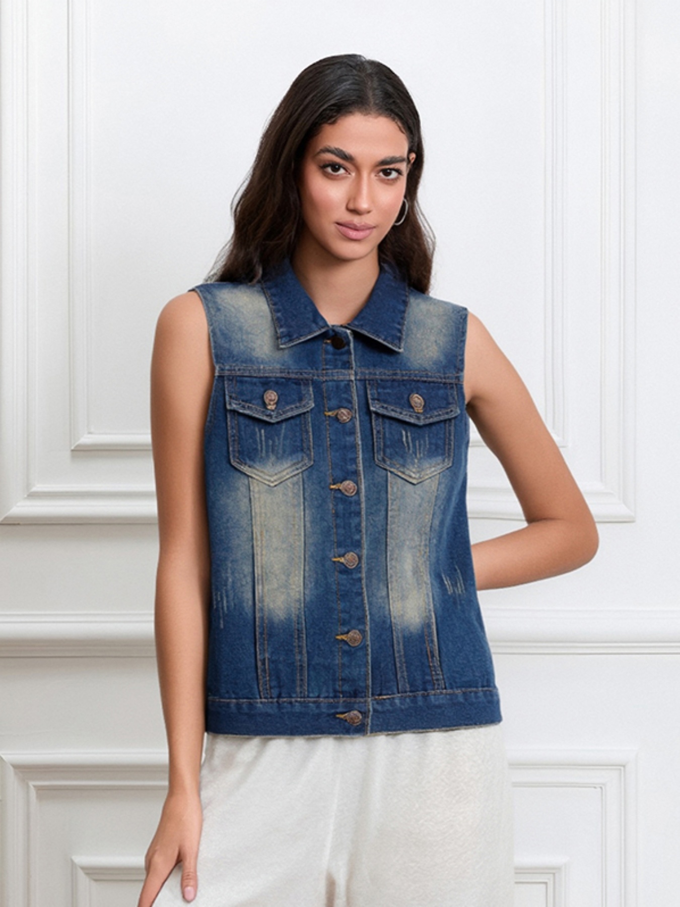 Women Women's Sleeveless V-Neck Button Down Jean Waistcoat Jacket