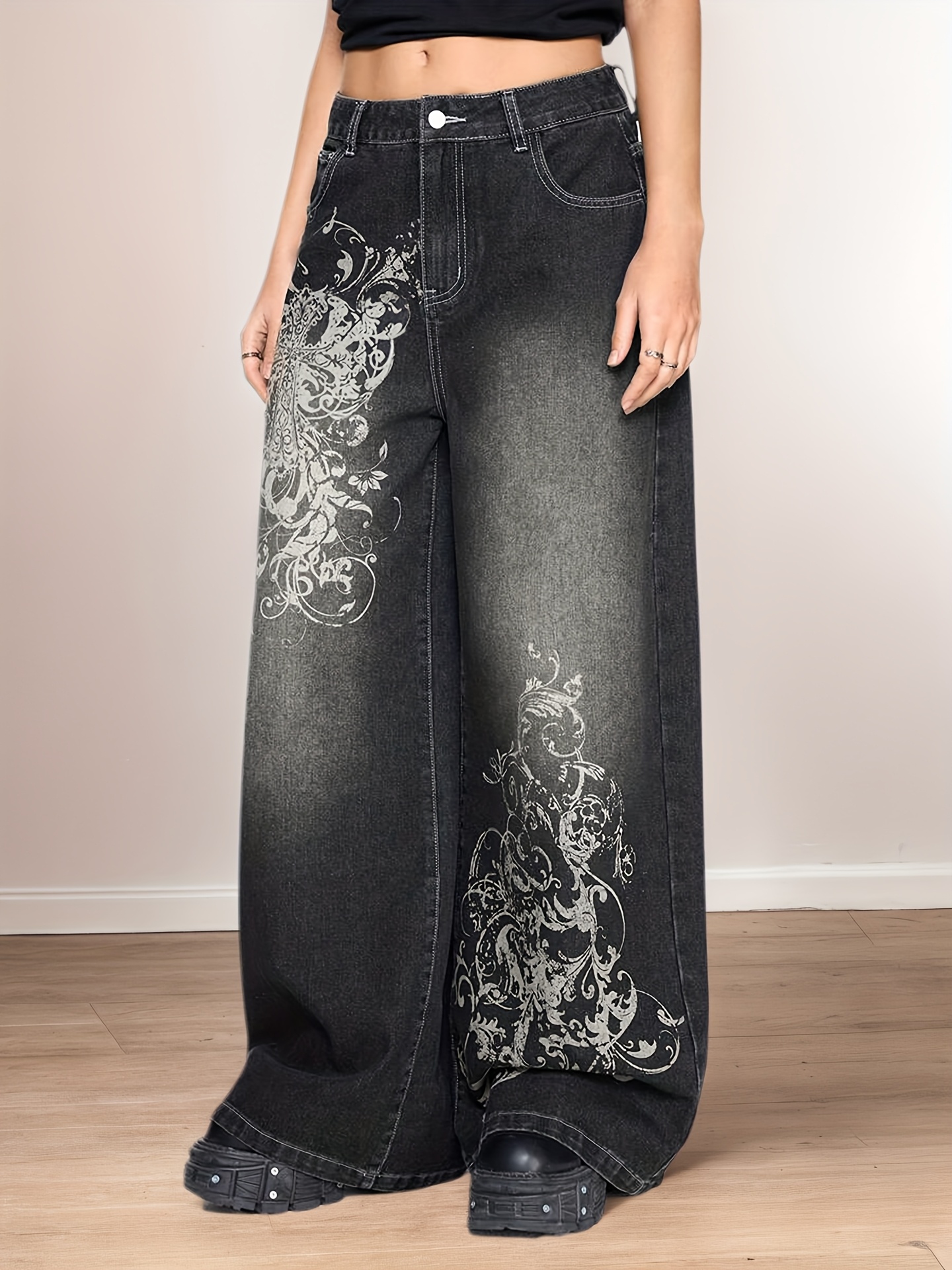 street casual dark y2k graphic print vintage washed denim - Temu 
