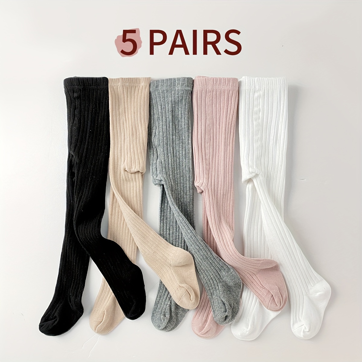 

5 Pairs Girl's Knitted Solid Color Pantyhose, Cotton Blend Comfy Breathable Soft Slim-fit Socks For Outdoor Wearing