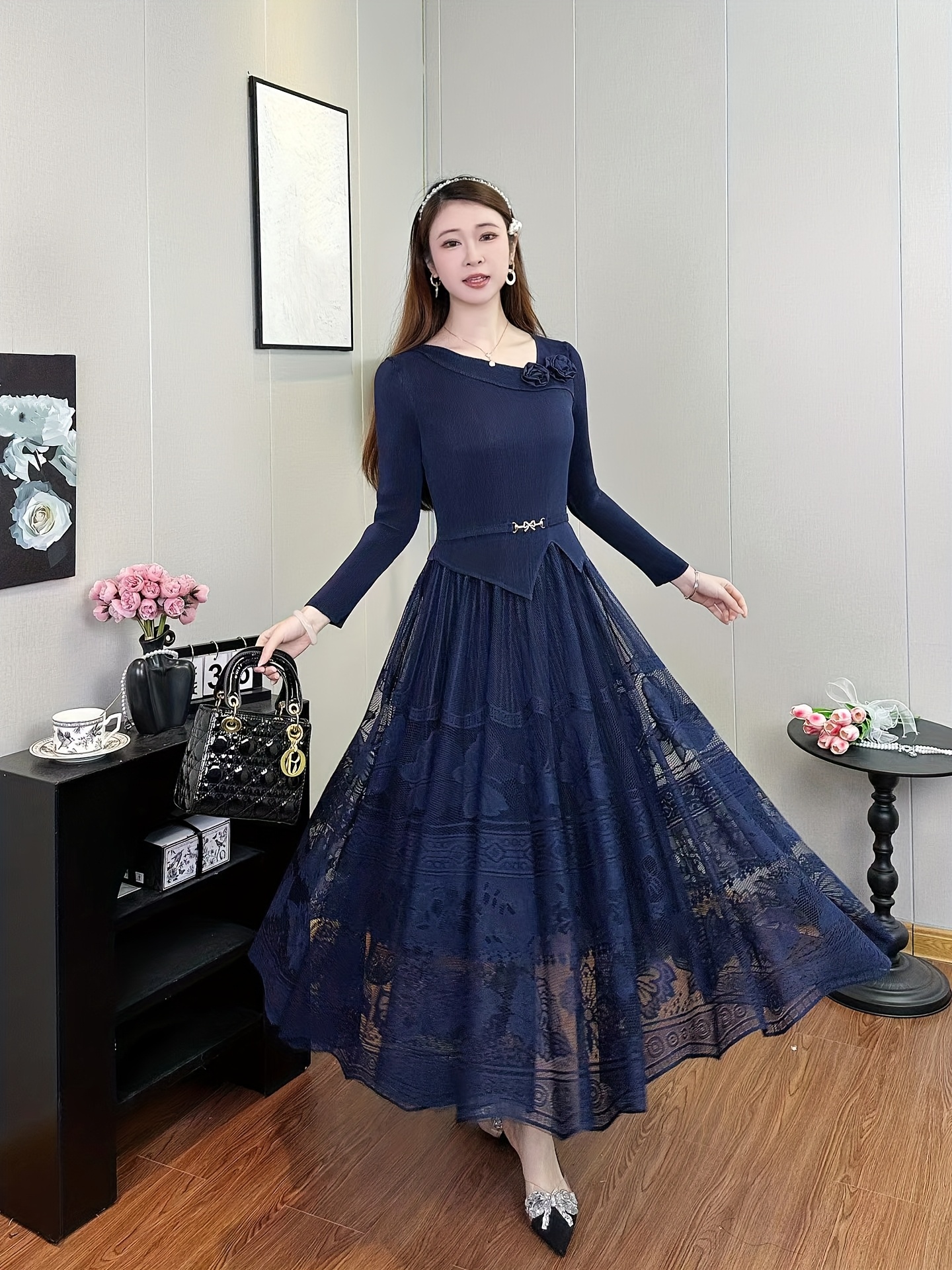 Pleated Skirt Lace Formal Long Skirt Vintage Pleated Waist Lace Maxi Skirt  Elegant Pleated Dress Temu