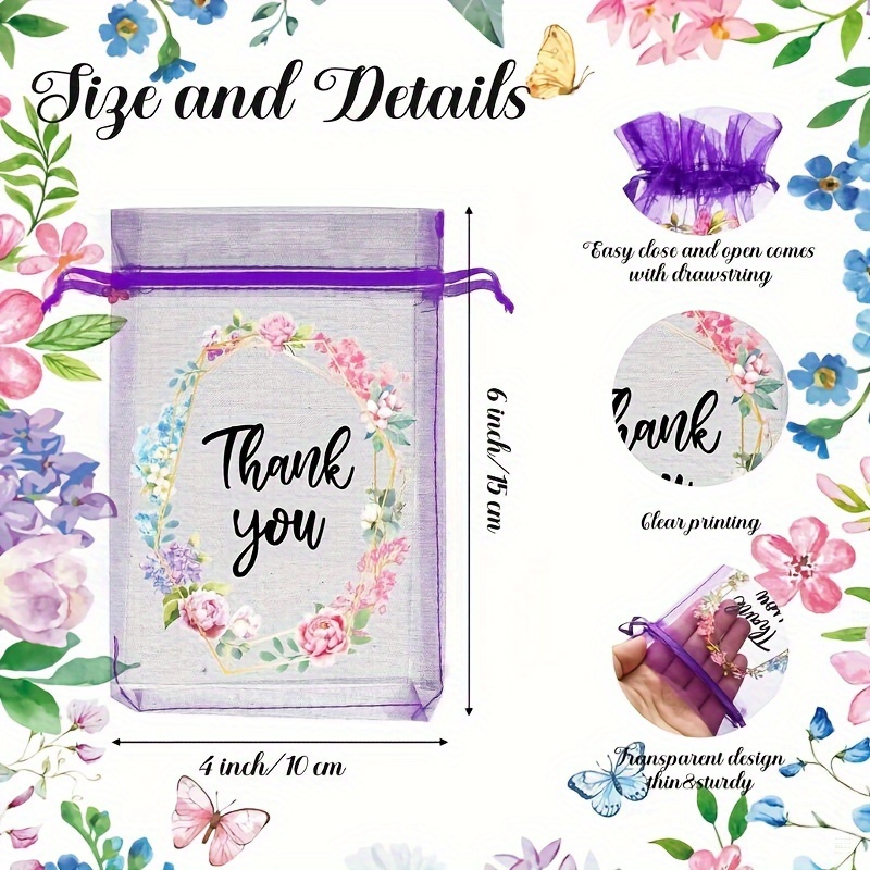 Floral Thank Gift Bags Organza Drawstring Pouches Wedding - Temu