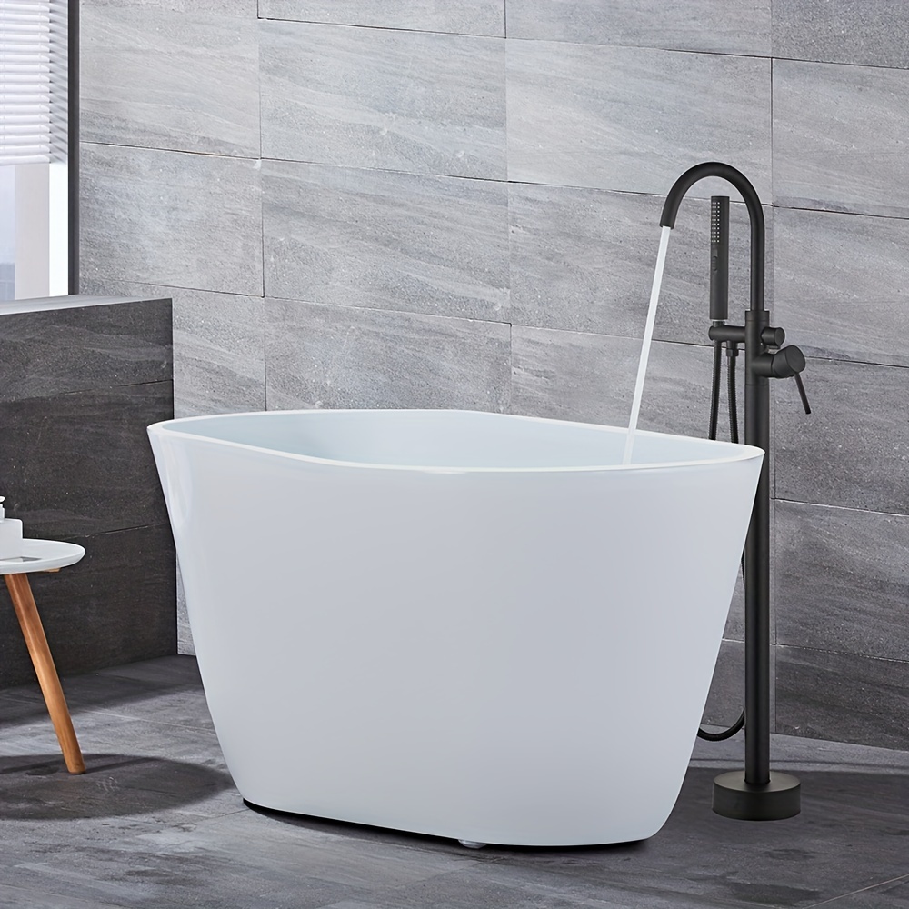 Matte Black Freestanding Waterfall Bathtub Faucet Standing Tub Filler Floor Mount Brass Stand Bathtub Filler Single Handle Bathroom Floor Mounted Tub Faucets With Handheld Shower