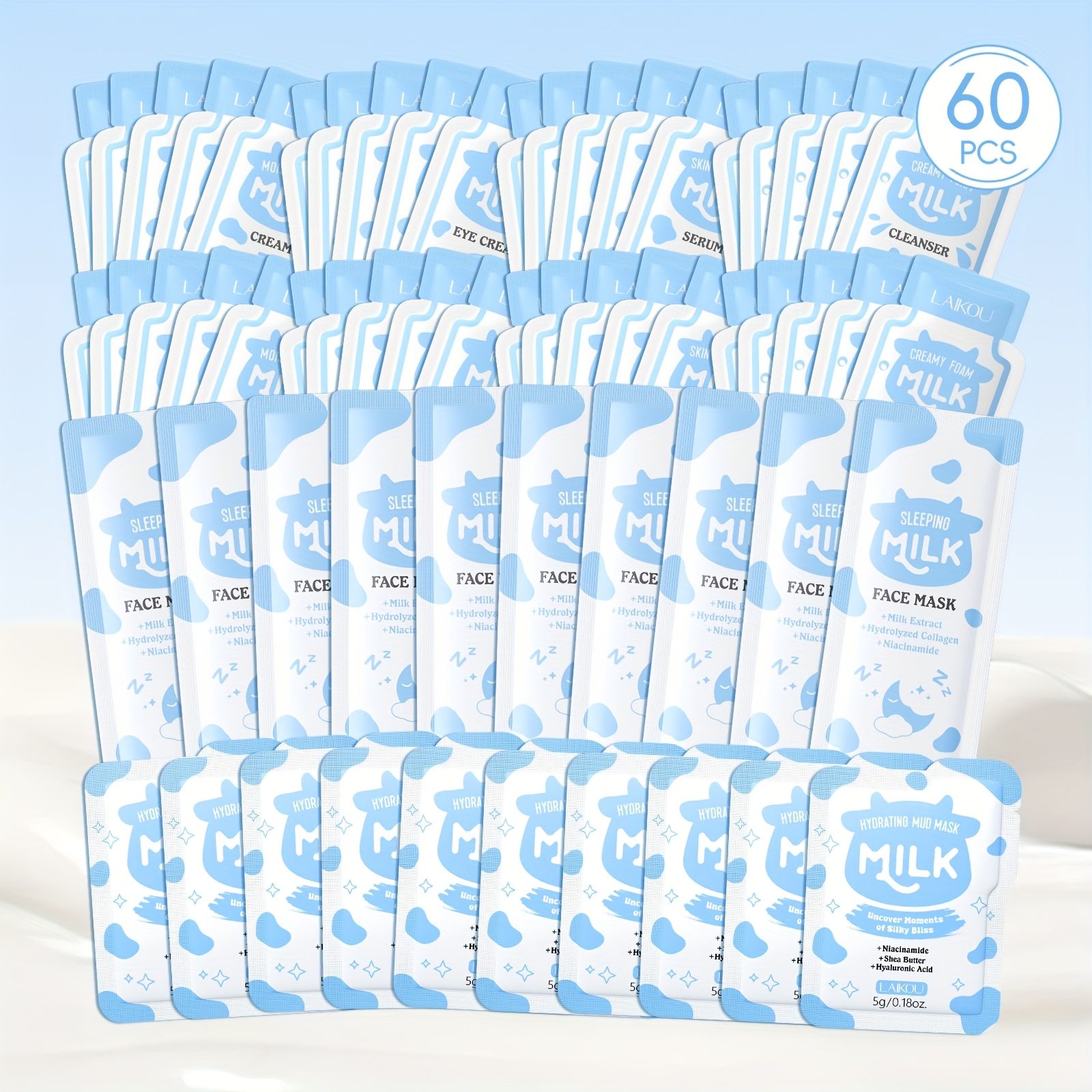 Image of Laikou Milk Radiance Skincare Set Of 60pcs, Featuring 10pcs Each Of Cleanser, Serum, Eye Cream, Glowing Face Cream Night Mask, And Mud Mask, Convenient For Travel