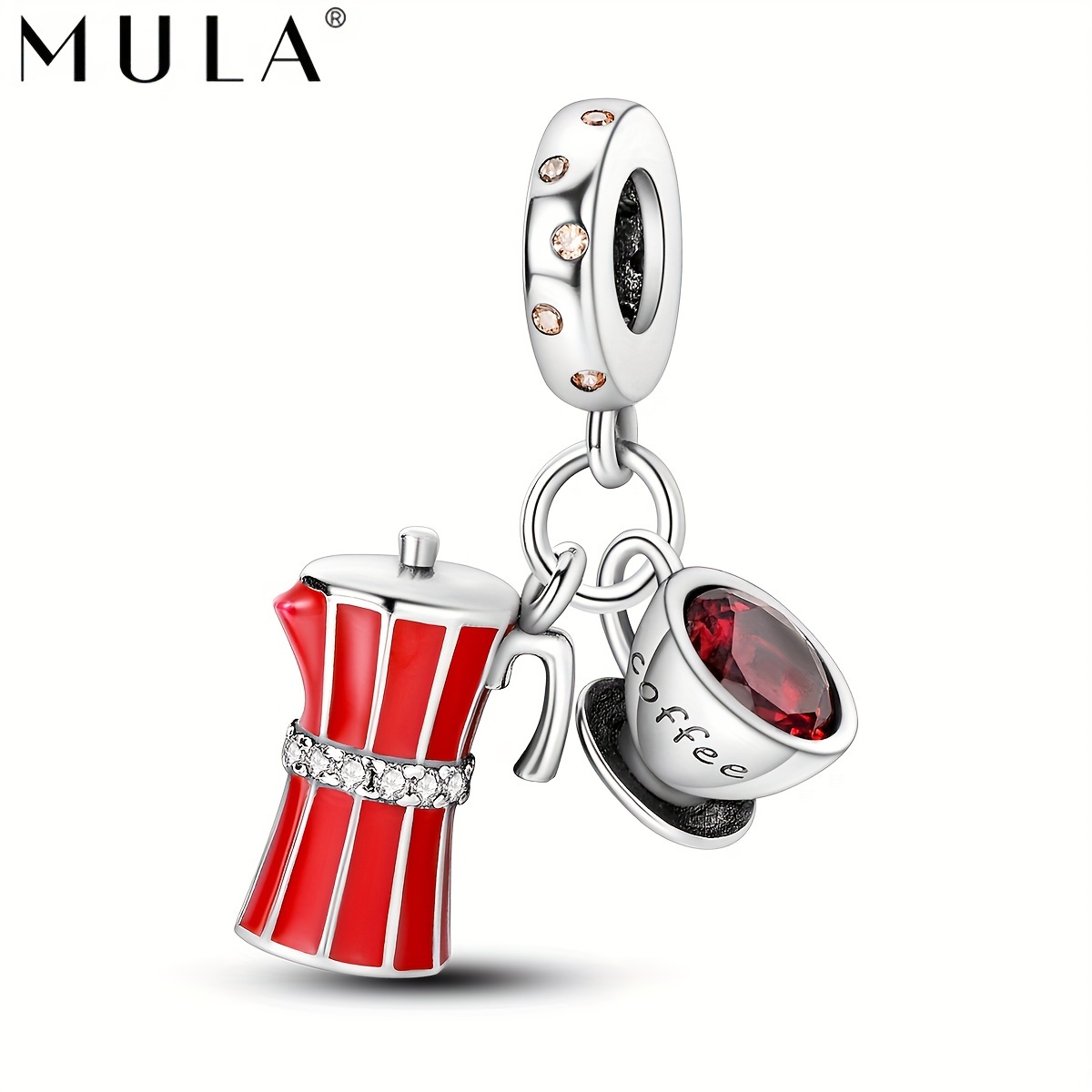 

Mula Brand 1-piece Set 925 Silver Plated Copper Charms Featuring Elegant Red Pot And Coffee Cup Dangle Pendants For Bracelets