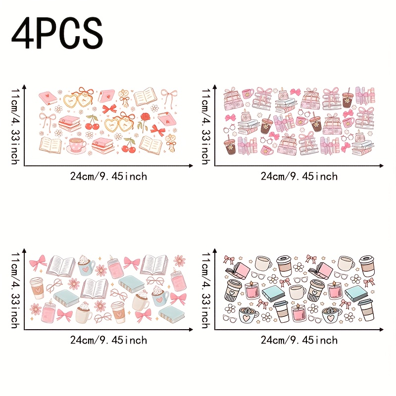 TEMU Lot de 4 enveloppes d'impression UV DTF pour tasses, thème livre et café, imperméables et auto-adhésives. Convient pour les mugs, d'eau et les