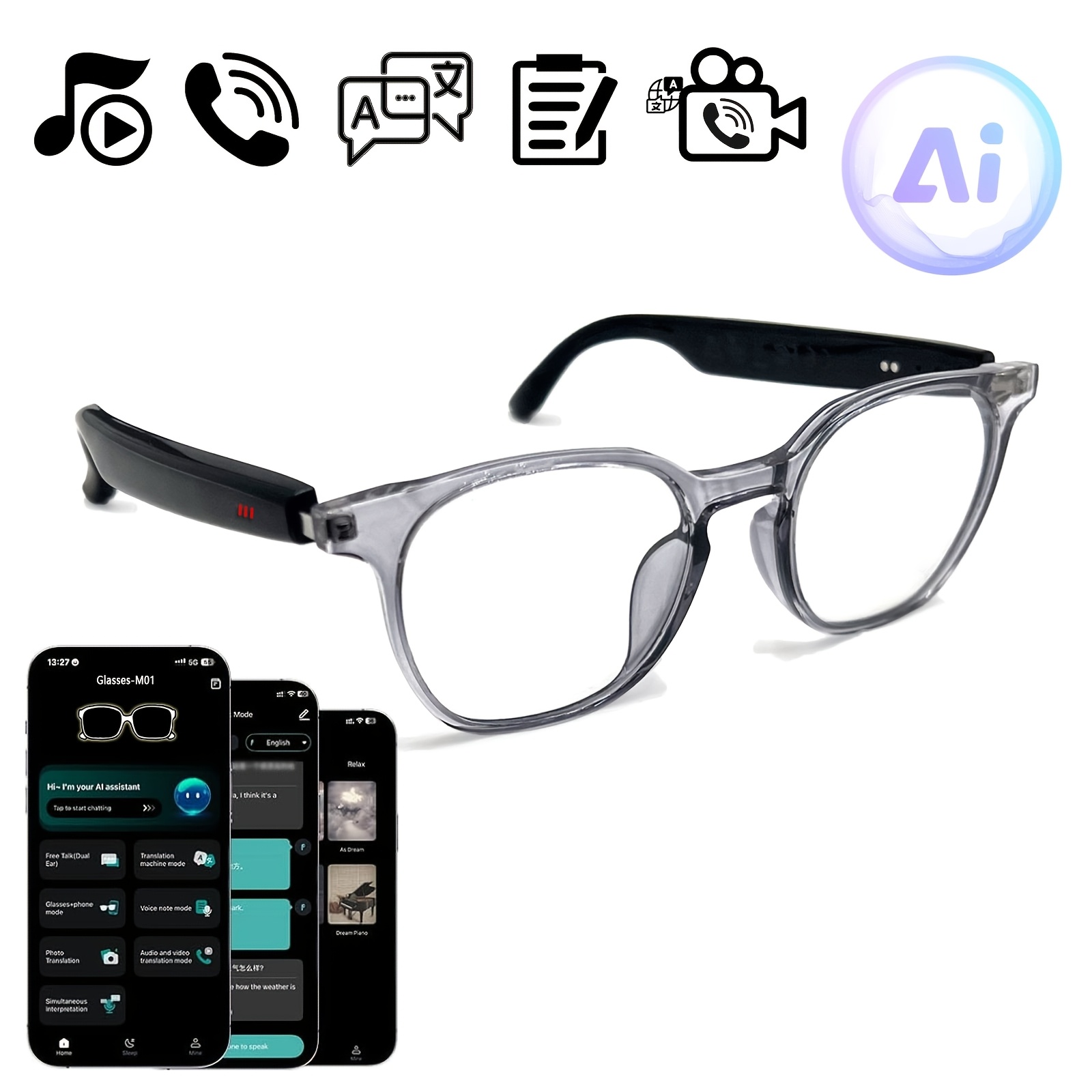 Image of Ai Smart Glasses With Real-time Translation & System, Glasses Suitable For , Built-in Mic/speaker, Calls, Hifi Music , Translation Device For Travel, Office