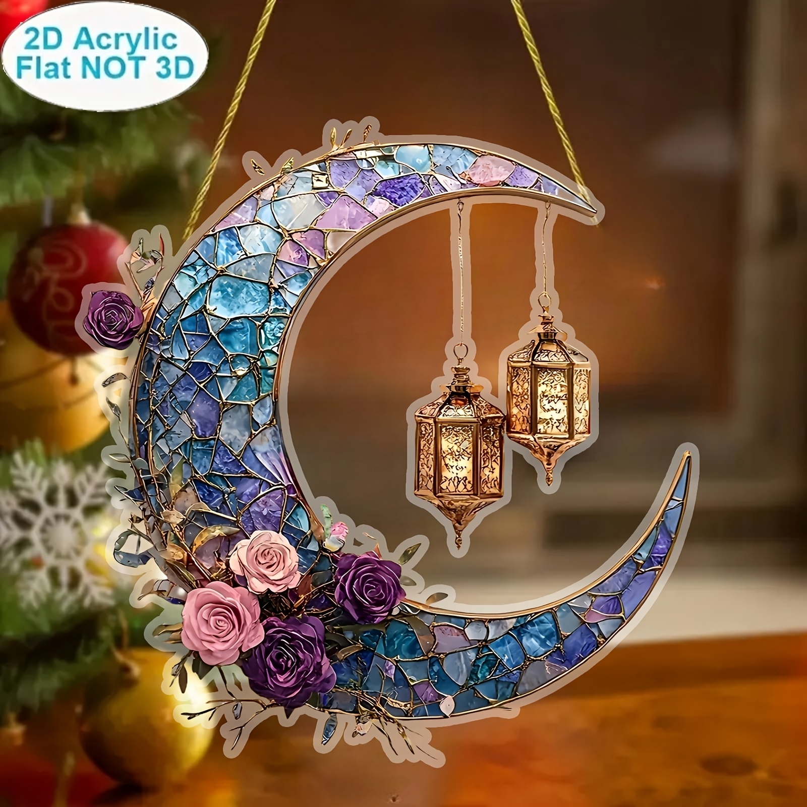 

1pc 2d Flat Acrylic Crescent Sun , Double-sided Acrylic Printing, Warm Lantern, Eid Theme, Wall And Window Hanging Decoration, Ramadan Holiday Gift