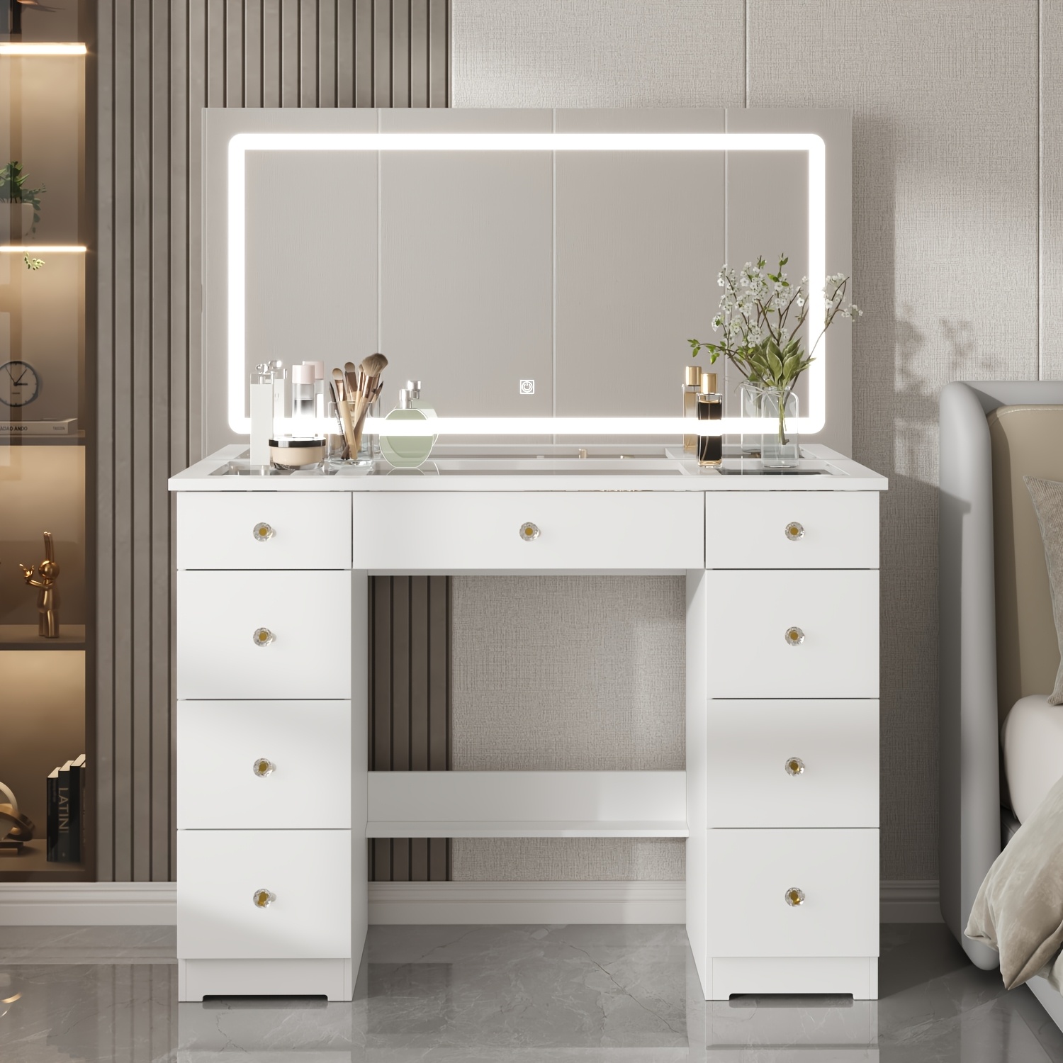 TEMU Coiffeuse de Cosmétique Chic avec Lumineux - 3 Réglages d'Éclairage Ajustables, Inclut 9 Grands Tiroirs & Plateau en Verre, avec Contrôle de la